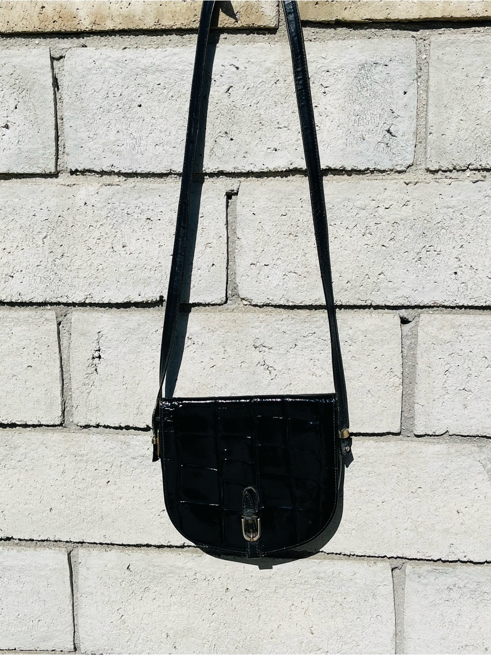 Vintage Black Croc Patterned Leather Crossbody by MONDOFINE